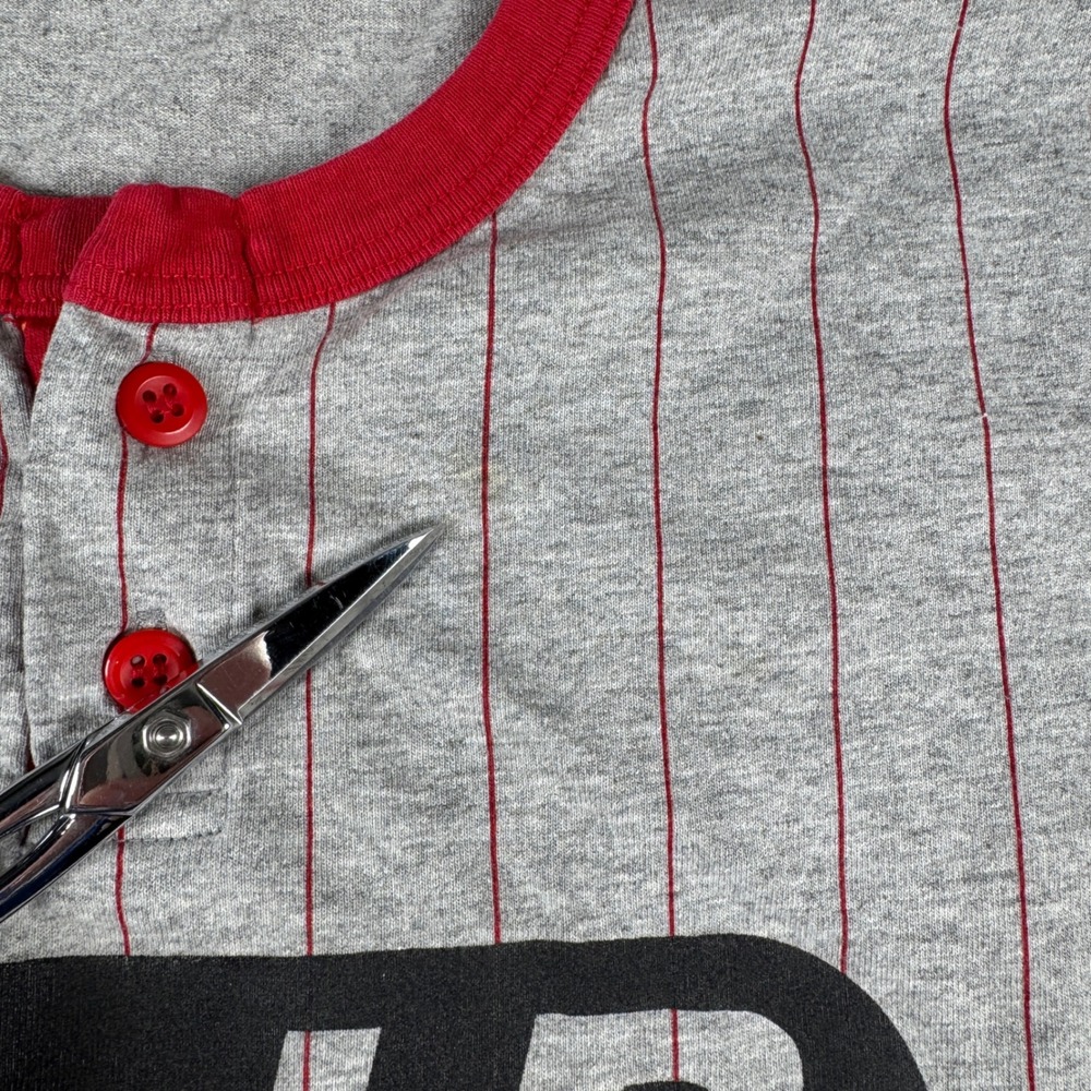 Vtg Oral-B Company Softball Jersey Henley Shirt Mens XL Gray Red Pinstripe Stain - Picture 11 of 16